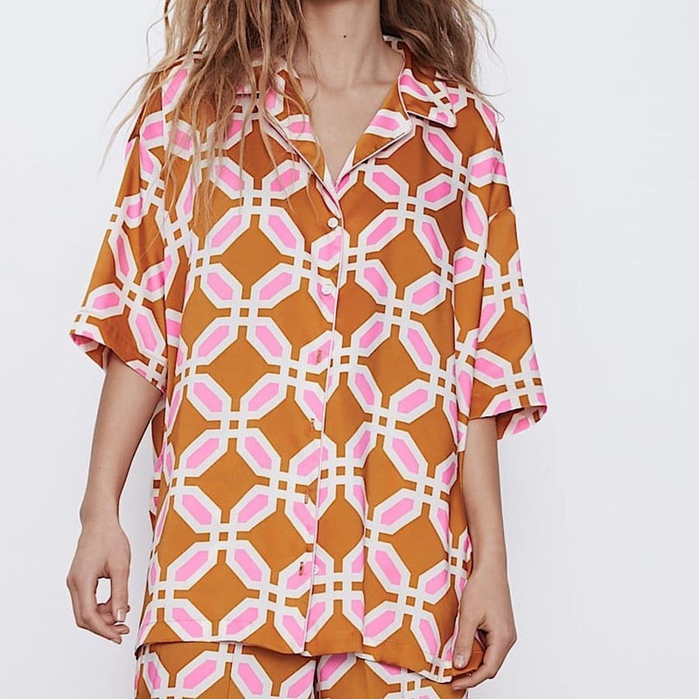 ZARA Top Geometric Print Blouse Pajama Style Satin Shirt Size L